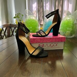 New in Box. Sugar Skylar Black Mesh Block Heel Sandal